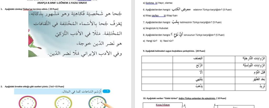 8.Sınıf Arapça 1. Dönem 2. Sınavı/Yazılı