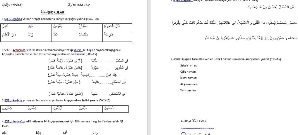 10.sınıf Arapça 2.dönem 1.yazılı-2