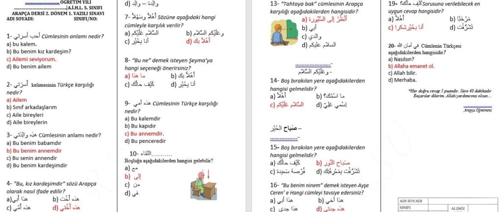 5 sınıf Arapça 2. Dönem 1. yazılı-1