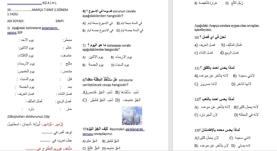 7. sınıf Arapça 2. dönem 1. yazılı-1