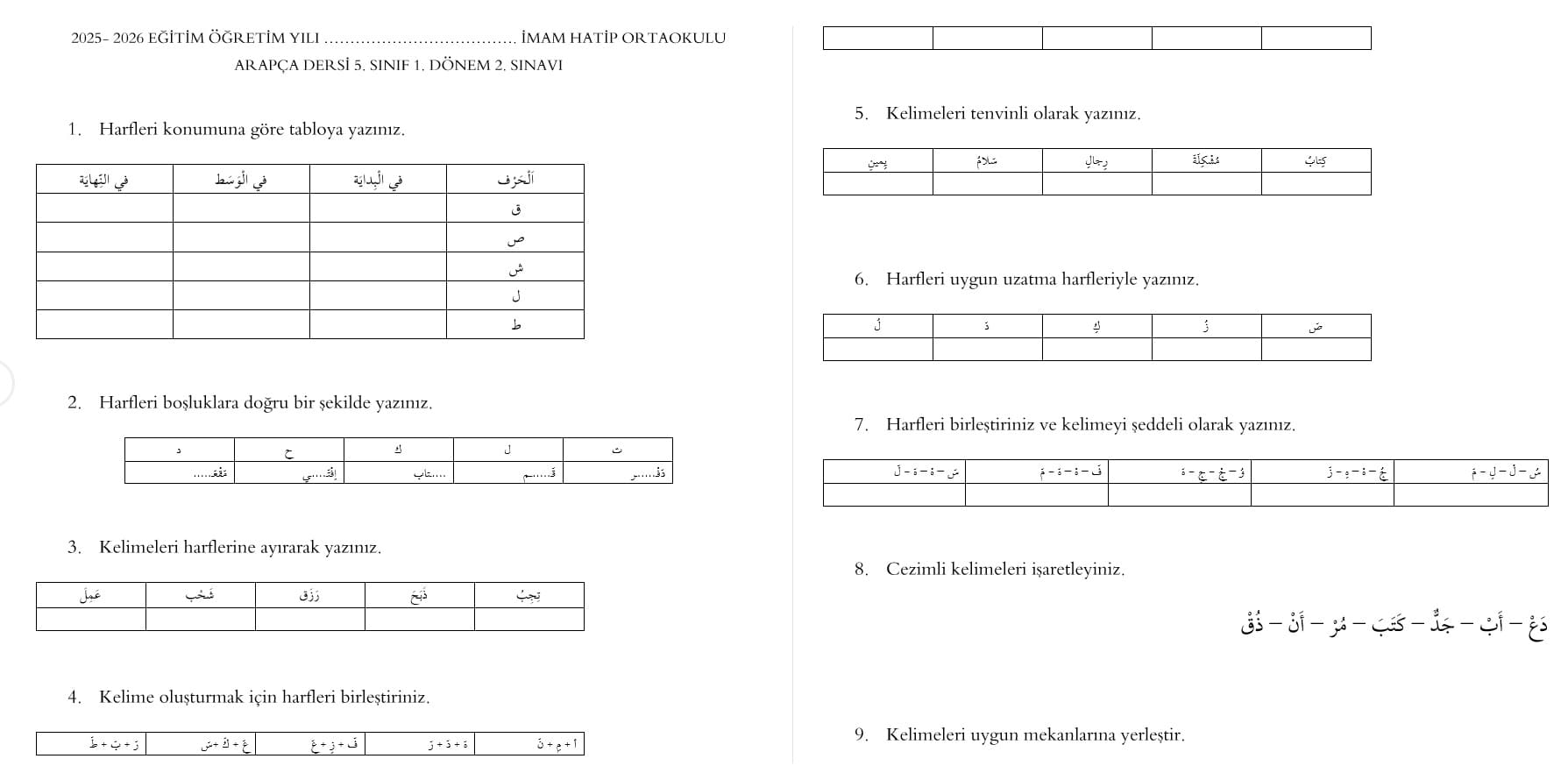 5. SINIF ARAPÇA 1. DÖNEM 2. SINAV/YAZILI 1 5. Sinif Arapca 1. Donem 2. Yazili 1